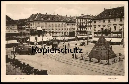 ALTE POSTKARTE KARLSRUHE MARKTPLATZ ADOLF STEIN CARL SCHOPF CAFÉ CENTRAL STEMPEL VERWUNDETENHEIM STADTGARTEN postcard AK
