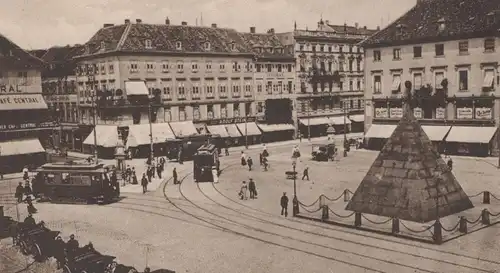 ALTE POSTKARTE KARLSRUHE MARKTPLATZ ADOLF STEIN CARL SCHOPF CAFÉ CENTRAL STEMPEL VERWUNDETENHEIM STADTGARTEN postcard AK