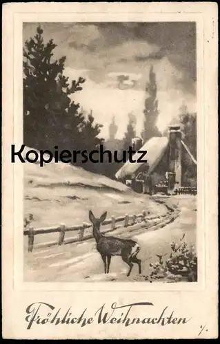 ALTE POSTKARTE FRÖHLICHE WEIHNACHTEN REH IM SCHNEE HAUS chevreuil deer passepartout postcard Ansichtskarte cpa AK