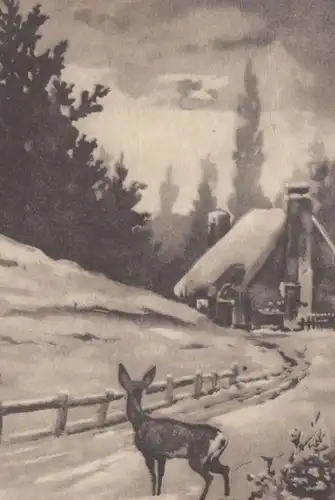 ALTE POSTKARTE FRÖHLICHE WEIHNACHTEN REH IM SCHNEE HAUS chevreuil deer passepartout postcard Ansichtskarte cpa AK