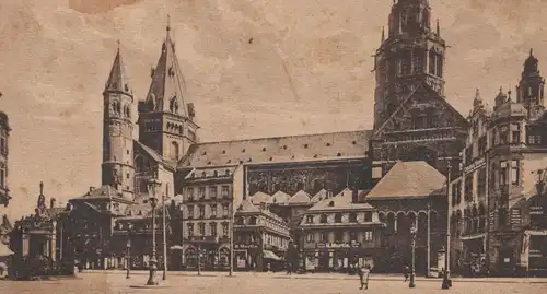 ALTE POSTKARTE MAINZ MARKT MIT DOM GESCHÄFTE R. Martin Christian Mendel postcard Ansichtskarte cpa AK