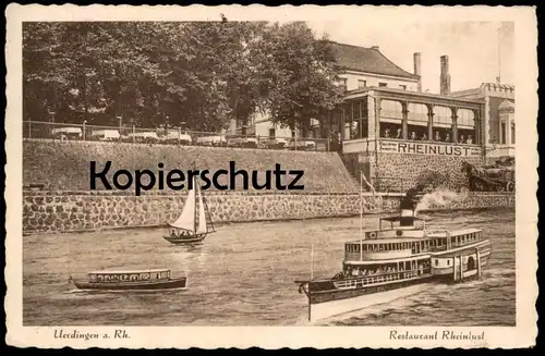 ALTE POSTKARTE UERDINGEN AM RHEIN RHEINLUST INH.ANDREAS BREMS GLASVERANDA KEGELBAHN BILLARD Dampfer ship Crefeld Krefeld