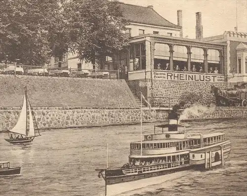 ALTE POSTKARTE UERDINGEN AM RHEIN RHEINLUST INH.ANDREAS BREMS GLASVERANDA KEGELBAHN BILLARD Dampfer ship Crefeld Krefeld
