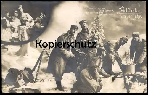 ALTE POSTKARTE SOLDATEN FEIERN SYLVESTER BOWLE PHOTOMONTAGE VIEL GLÜCK IM NEUEN JAHR SOLDAT Soldats Soldiers Krieg war