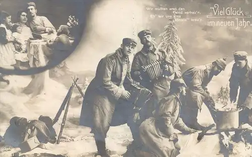 ALTE POSTKARTE SOLDATEN FEIERN SYLVESTER BOWLE PHOTOMONTAGE VIEL GLÜCK IM NEUEN JAHR SOLDAT Soldats Soldiers Krieg war