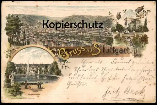 ALTE LITHO POSTKARTE GRUSS AUS STUTTGART GANZSACHE 1896 RESIDENZSCHLOSS EUGENSBRUNNEN Eugens Brunnen Ansichtskarte AK