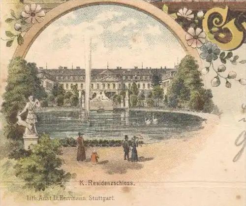 ALTE LITHO POSTKARTE GRUSS AUS STUTTGART GANZSACHE 1896 RESIDENZSCHLOSS EUGENSBRUNNEN Eugens Brunnen Ansichtskarte AK