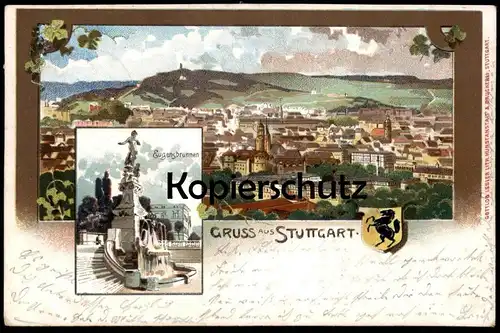 ALTE LITHO POSTKARTE GRUSS AUS STUTTGART EUGENSBRUNNEN WAPPEN 1908 Brunnen fontaine Fountain cpa postcard Ansichtskarte