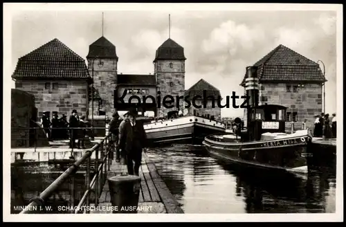 ALTE POSTKARTE MINDEN SCHACHTSCHLEUSE AUSFAHRT Schleuse Schiff Frachtschiff Herta cargo ship watergate écluse postcard