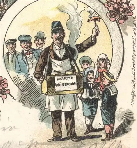 ALTE LITHO POSTKARTE MÜNCHEN PSCHORR-BRÄU POSTKARTEN ROSENBLATT KAMEL WÜRSTCHEN ZAUBER-THEATER Zauberer Kirmes fair