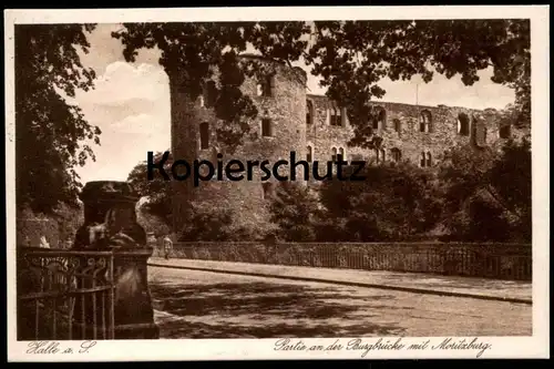 ALTE POSTKARTE HALLE AN DER SAALE PARTIE AN DER BURGBRÜCKE MIT MORITZBURG WERBESTEMPEL BENUTZT DIE LUFTPOST cpa postcard