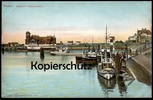 ALTE POSTKARTE EMDEN BAHNHOF AUSSENHAFEN HAFEN SCHIFF ship bateau station gare cpa postcard AK Ansichtskarte