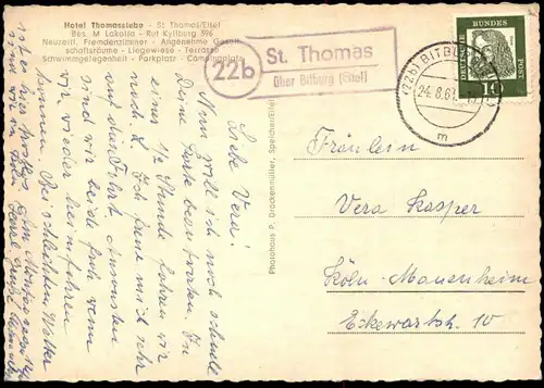 ÄLTERE POSTKARTE ST. THOMAS BEI KYLLBURG EIFEL HOTEL THOMASSTUBE M. LAKOTTA RECHTECKSTEMPEL 22b ÜBER BITBURG postcard AK