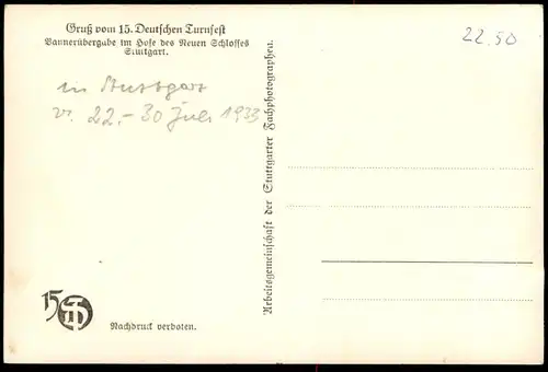ALTE POSTKARTE GRUSS VOM 15. TURNFEST STUTTGART 1933 BANNERÜBERGABE TURNER SPORTLER postcard cpa Ansichtskarte