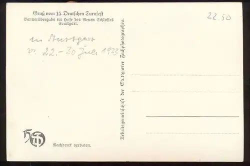 ALTE POSTKARTE GRUSS VOM 15. TURNFEST STUTTGART 1933 BANNERÜBERGABE TURNER SPORTLER postcard cpa Ansichtskarte