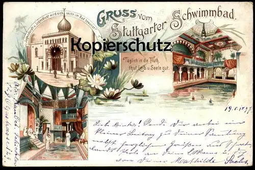 ALTE LITHO POSTKARTE GRUSS VOM STUTTGARTER SCHWIMMBAD 1897 STUTTGART Bad bath piscine cpa postcard AK Ansichtskarte