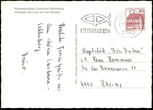 POSTKARTE NORDSEEBAD CUXHAVEN SAHLENBURG WATTWAGEN ZUR INSEL NEUWERK Kutsche coach horse-drawn-carriage Ansichtskarte AK