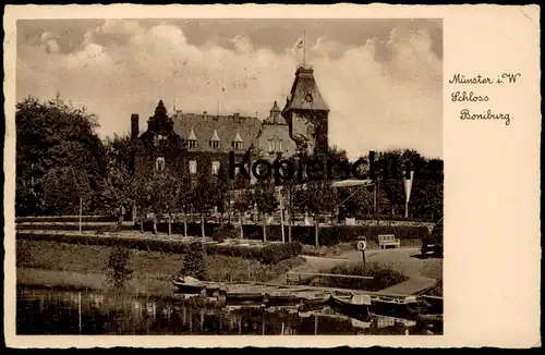 ALTE POSTKARTE MÜNSTER SCHLOSS BONIBURG ST. MAURITZ 1938 BRIEFMARKE SCHIFF WILHELM GUSTLOFF WHW postcard Ansichtskarte