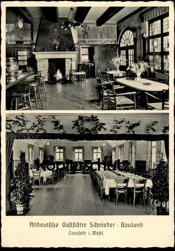 ALTE POSTKARTE ALTDEUTSCHE GASTSTÄTTE SCHNIEDER - BAULAND COESFELD SPEZIALITÄT SCHINKEN Saal Kamin AK postcard cpa