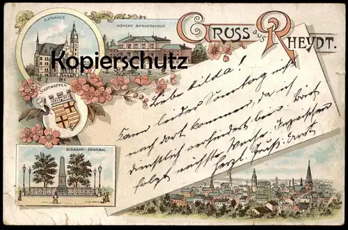 ALTE LITHO-POSTKARTE GRUSS AUS RHEYDT HÖHERE BÜRGERSCHULE BISMARK-DENKMAL Bismarck-Denkmal Mönchengladbach Ansichtskarte
