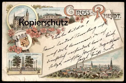 ALTE LITHO-POSTKARTE GRUSS AUS RHEYDT HÖHERE BÜRGERSCHULE BISMARK-DENKMAL Bismarck-Denkmal Mönchengladbach Ansichtskarte