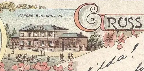 ALTE LITHO-POSTKARTE GRUSS AUS RHEYDT HÖHERE BÜRGERSCHULE BISMARK-DENKMAL Bismarck-Denkmal Mönchengladbach Ansichtskarte