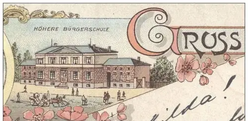 ALTE LITHO-POSTKARTE GRUSS AUS RHEYDT HÖHERE BÜRGERSCHULE BISMARK-DENKMAL Bismarck-Denkmal Mönchengladbach Ansichtskarte