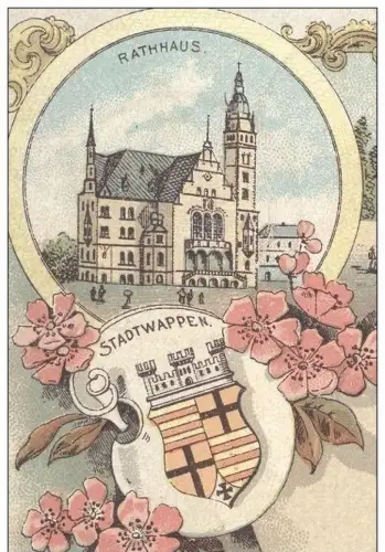 ALTE LITHO-POSTKARTE GRUSS AUS RHEYDT HÖHERE BÜRGERSCHULE BISMARK-DENKMAL Bismarck-Denkmal Mönchengladbach Ansichtskarte