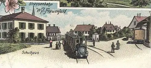 ALTE LITHO POSTKARTE GRUSS AUS MAZZINGEN STRASSENBAHN WYL FRAUENFELD tram tramway Dampflok locomotive à vapeur Matzingen