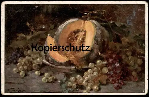 ALTE KÜNSTLER POSTKARTE STILLLEBEN SÜDFRÜCHTE PRIMUS NIDIA LONZA TRIEST raisins grapes melon fruits postcard Stilleben