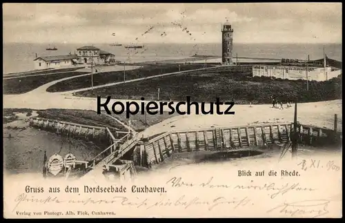 ALTE POSTKARTE GRUSS AUS DEM NORDSEEBADE CUXHAVEN BLICK AUF DIE RHEDE 1900 Dullz Hausstands Kohlenlager Ansichtskarte