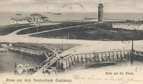 ALTE POSTKARTE GRUSS AUS DEM NORDSEEBADE CUXHAVEN BLICK AUF DIE RHEDE 1900 Dullz Hausstands Kohlenlager Ansichtskarte