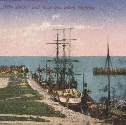 ALTE POSTKARTE CUXHAVEN TELEGRAPHENGEBÄUDE ALTE LIEBE UND TEIL DES ALTEN HAFENS Hafen port Schiff ship AK Ansichtskarte