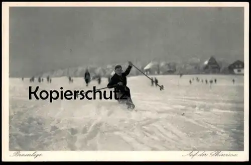 ALTE POSTKARTE BRAUNLAGE AUF DER SKIWIESE JUNGE KIND Winter Skifahren skiing faire du ski hiver jeune garcon fille boy