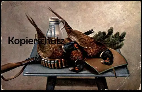 ALTE KÜNSTLER POSTKARTE FASAN GEWEHR STILLLEBEN Jagd hunt Hunting Wildbret game gibier pheasant faisan carabine Flinte