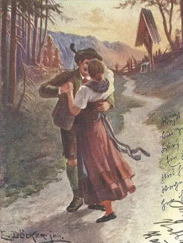 ALTE LITHO-POSTKARTE E. DÖCKER PAAR VERL. RAFAEL NEUBER WIEN WEGKREUZ Couple Tracht traditional costume kiss baiser Kuss