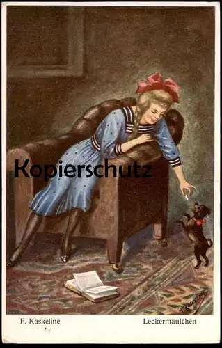ALTE KÜNSTLER POSTKARTE F. KASKELINE LECKERMÄULCHEN HUND KIND enfant girl jeune fille child dog chien Humor humour Buch