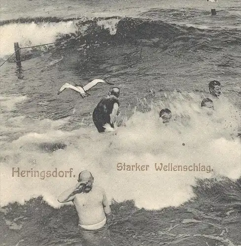 ALTE POSTKARTE OSTSEEBAD HERINGSDORF STARKER WELLENSCHLAG USEDOM bath bathing Fotomontage Montage Photo Surrealisme cpa