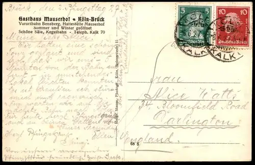 ALTE POSTKARTE KÖLN-BRÜCK GASTHAUS MAUSERHOF VORORTBAHN BENSBERG TELEPHON KALK 70 KEGELBAHN SÄLE CÖLN Cologne postcard