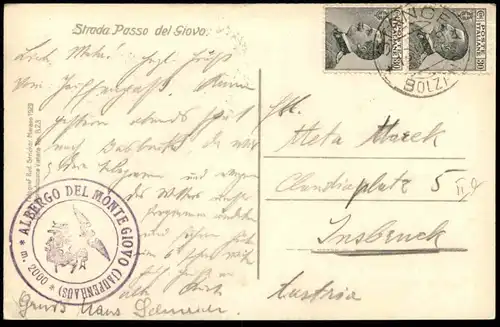 ALTE POSTKARTE STRADA PASSO DEL GIOVO JAUFENPASS STEMPEL ALBERGO DEL MONTE GIOVO Bolzano Pass-Strasse Alto Adige cpa AK