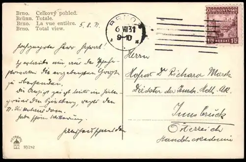 ALTE POSTKARTE BRÜNN TOTALE BRNO Total View Totalansicht Celkovy pohled vue entière Czechoslovakia Czech Republic Mähren