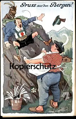 ALTE LITHO POSTKARTE GRUSS AUS DEN BERGEN Steinbock Souvenir Montagnes Humor Humour Ziege goat chèvre spyglass Fernglas