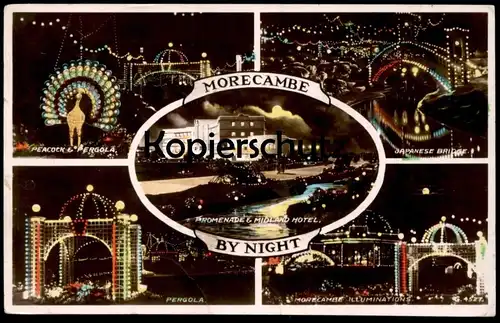 ALTE POSTKARTE MORECAMBE BY NIGHT PEACOCK & PERGOLA JAPANESE BRIDGE ILLUMINATIONS MIDLAND HOTEL Lancashire Nacht nuit