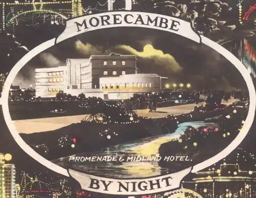 ALTE POSTKARTE MORECAMBE BY NIGHT PEACOCK & PERGOLA JAPANESE BRIDGE ILLUMINATIONS MIDLAND HOTEL Lancashire Nacht nuit