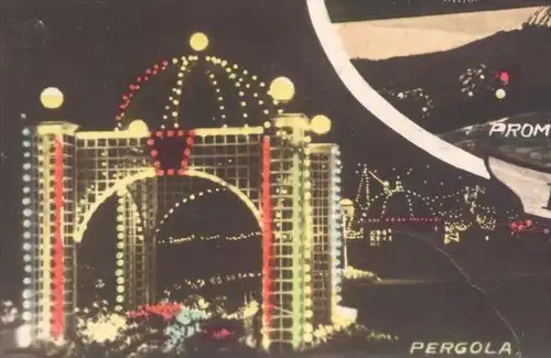 ALTE POSTKARTE MORECAMBE BY NIGHT PEACOCK & PERGOLA JAPANESE BRIDGE ILLUMINATIONS MIDLAND HOTEL Lancashire Nacht nuit