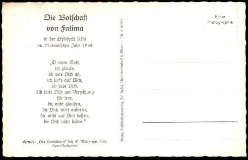 ÄLTERE POSTKARTE ERZDIÖZESE KÖLN DIE BOTSCHAFT VON FATIMA IM MARIANISCHEN JAHR 1954 holy cpa postcard AK Ansichtskarte