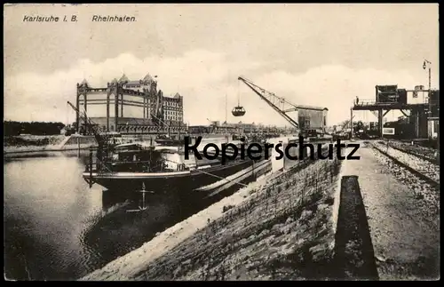 ALTE POSTKARTE KARLSRUHE RHEINHAFEN 1909 Hafen harbour port havre Frachtschiff crane grue freight cargo ship postcard AK