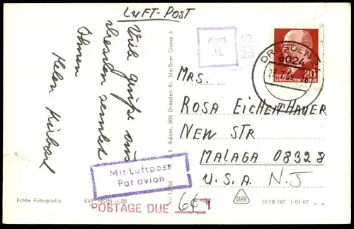 ÄLTERE POSTKARTE DRESDEN-LEUBNITZ-NEUOSTRA GESCHÄFT SAMEN WEND LUFTPOST DDR IN DIE USA cpa postcard Ansichtskarte