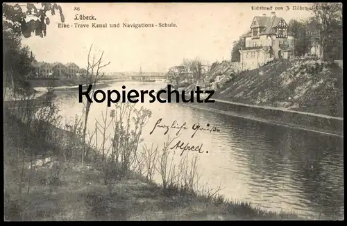 ALTE POSTKARTE LÜBECK ELBE-TRAVE-KANAL & NAVIGATIONS-SCHULE 1907 AK Ansichtskarte postcard cpa Elb-Trave-Kanal