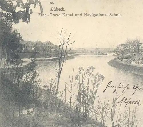 ALTE POSTKARTE LÜBECK ELBE-TRAVE-KANAL & NAVIGATIONS-SCHULE 1907 AK Ansichtskarte postcard cpa Elb-Trave-Kanal